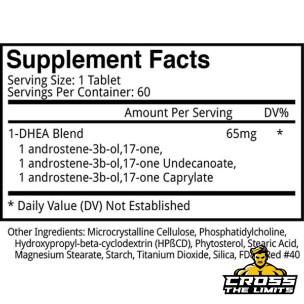 Blackstone Labs Chosen 1 Supplement Facts - Displays a detailed breakdown of the 1-DHEA blend with key ingredients such as 1-androstene-3b-ol-17-one and its derivatives, with serving size and additional ingredients listed