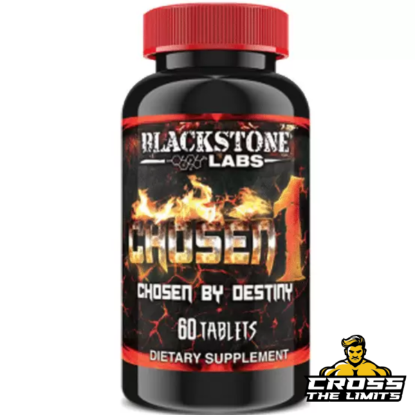 Blackstone Labs Chosen 1 bottle - Dietary supplement featuring a black bottle with red cap, labeled 'Chosen 1' with flames and bold text 'Chosen by Destiny,' containing 60 tablets