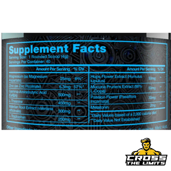 Supplement Facts label for Hypnos by Chaos and Pain, featuring ingredients like Magnesium, Zinc, GABA, L-Theanine, Valerian Root Extract, L-Tryptophan, Hops Flower Extract, Mucuna Pruriens Extract, Passion Flower Extract, and Melatonin