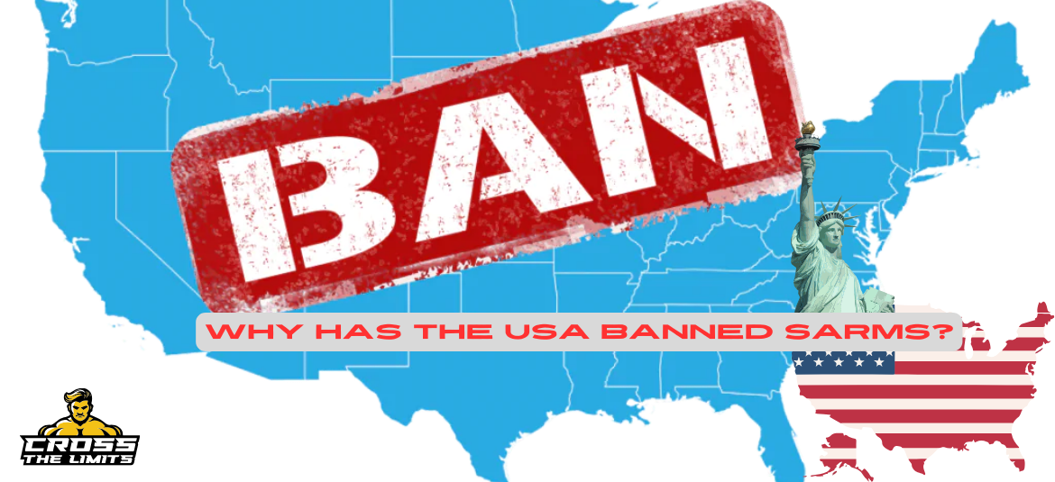 Map of the United States with a red 'BAN' stamp and the Statue of Liberty, with the question 'Why has the USA banned SARMs?' highlighting the topic of SARMs being banned in the USA