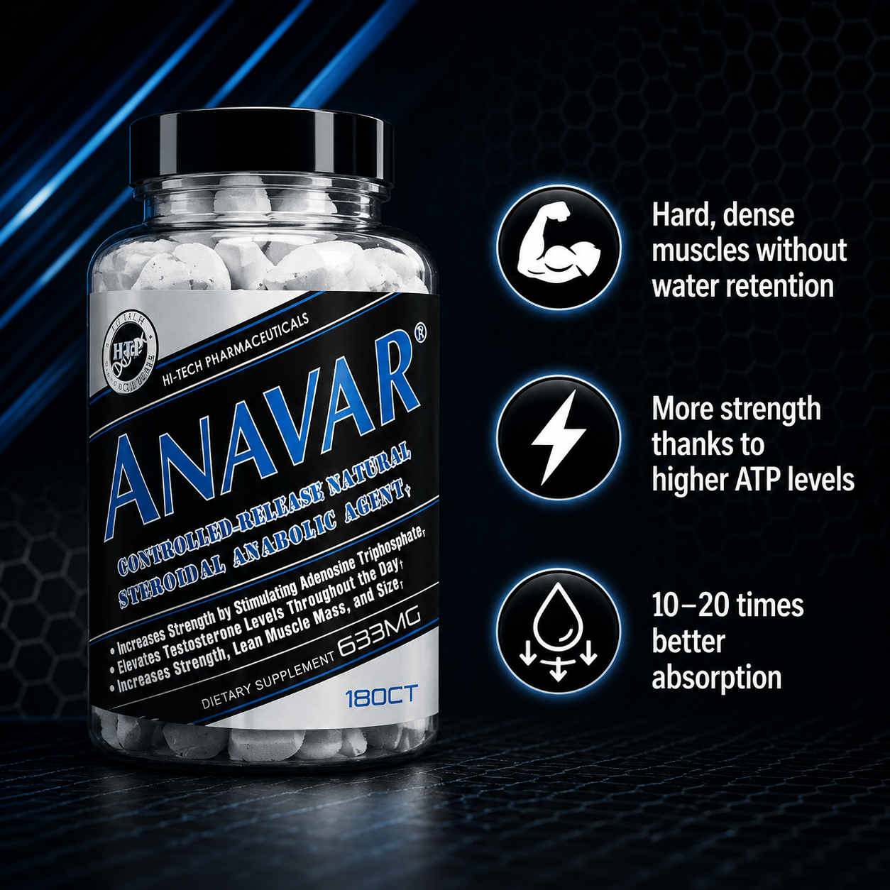 Hi-Tech Pharmaceuticals Anavar 180 tablets anabolic support supplement with muscle strength and absorption benefits graphic