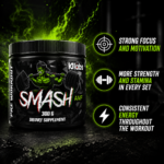 KJ Labs Smash AMF hardcore pre workout 300g with focus energy stamina and strength benefits graphic