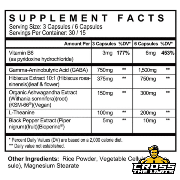 Supplement facts of Psycho Pharma Pharma-Z showcasing its powerful ingredients such as GABA, Ashwagandha, L-Theanine, and Hibiscus Extract for stress support and mood enhancement