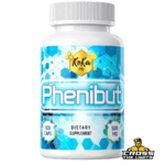 Koka Labz Phenibut 500mg 100 capsules supplement featuring a white bottle, blue hexagonal science-inspired label and gold Koka Labz logo, designed for relaxation, mood support, focus and sleep quality.