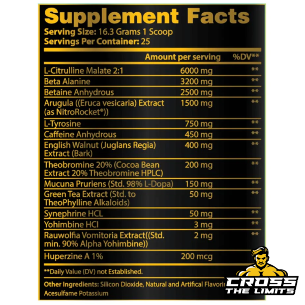 Cannibal Ferox pre-workout supplement facts showing detailed ingredient list including L-Citrulline Malate, Beta Alanine, Betaine Anhydrous, and others