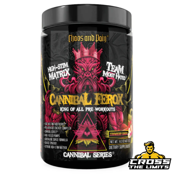 Cannibal Ferox pre-workout container by Chaos and Pain, showcasing the product packaging with high-stim matrix and energy complex branding