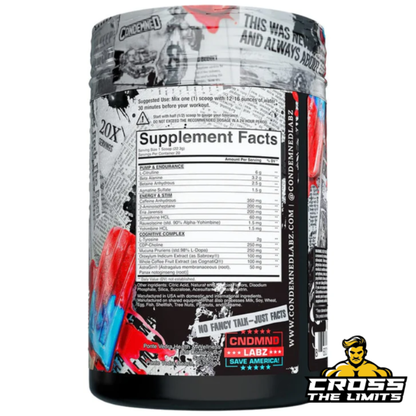 Condemned Labz Souls 4 Sale Pre-Workout Supplement Facts Label showing ingredients and dosages, including L-Citrulline, Beta-Alanine, Caffeine Anhydrous, and AstraGin