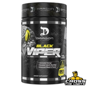 Product image of Dragon Pharma Black Viper Fat Burner, with a sleek black design featuring the Dragon Pharma logo, designed to enhance fat burning, energy, and focus