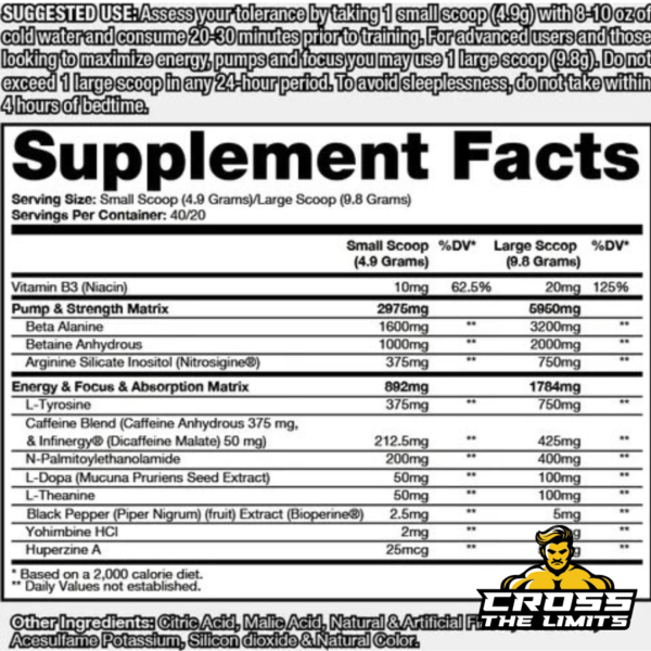 Detailed supplement facts for Dragon Pharma Venom Pre-Workout including Pump & Strength Matrix and Energy & Focus Matrix components.