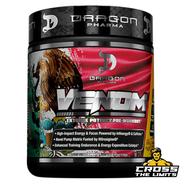 Detailed supplement facts for Dragon Pharma Venom Pre-Workout including Pump & Strength Matrix and Energy & Focus Matrix components.