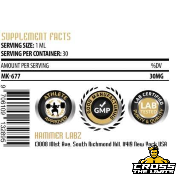 Hammer Labz Power PCT 30 ml Liquid Supplement Facts with key ingredients like Androsta-3,5-Diene-7,17-Dione, Laxosterone, MK-677, and 6-OXO