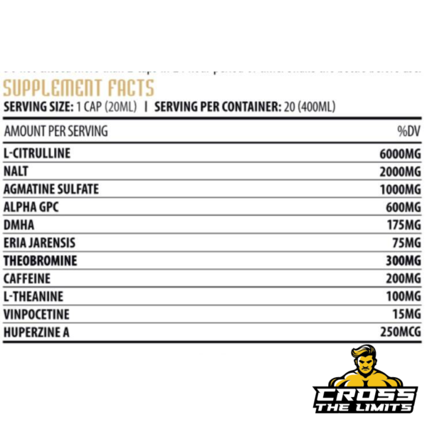 Supplement facts for Hammer Labz Lion Blood Pre-Workout showing key ingredients like L-Citrulline, DMHA, and Alpha GPC for energy, focus, and nitric oxide boost.