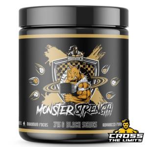 Hammer Labz Monster Strength Pre-Workout container, featuring advanced formula for maximum focus, energy, strength, and pump. Black and gold design with an illustration of a muscular rhino lifting weights