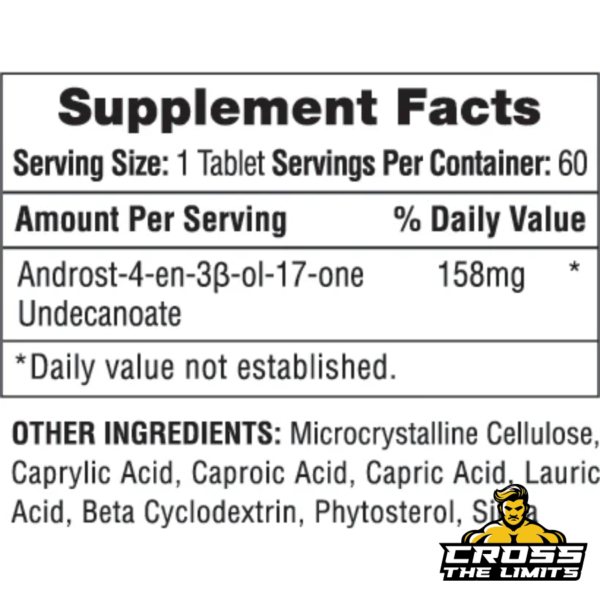 Hi-Tech Pharmaceuticals Andriol supplement facts label showing 158mg of Androst-4-en-3β-ol-17-one Undecanoate per serving and other inactive ingredients