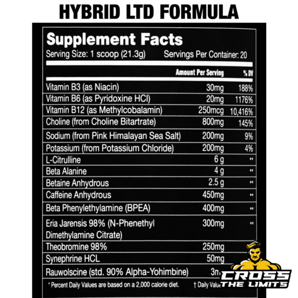 Supplement facts of Kilo Labs Hybrid Pre Workout LTD Formula with enhanced ingredients for maximum performance.