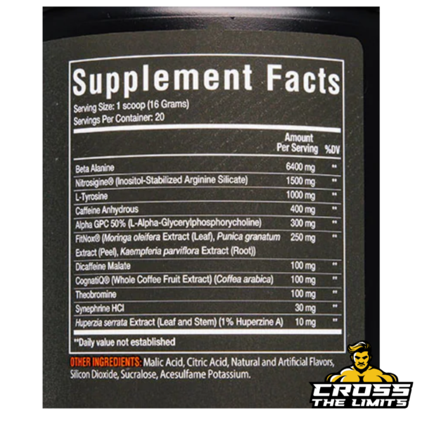 Merica Labz F-Bomb pre-workout supplement facts featuring beta-alanine, Nitrosigine, caffeine, L-Tyrosine, and FitNox for extreme energy and performance