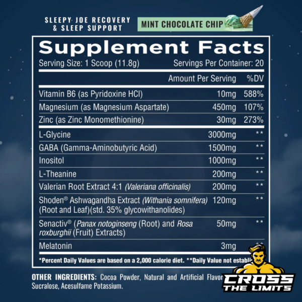 Merica Labz Sleepy Joe sleep aid supplement facts featuring magnesium aspartate, zinc monomethionine, L-glycine, GABA, melatonin, and valerian root extract for sleep support