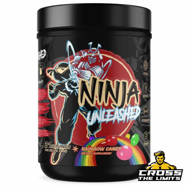 Ninja Unleashed Pre-Workout container with vibrant packaging featuring a ninja design and rainbow candy flavor, designed to enhance energy, focus, and performance