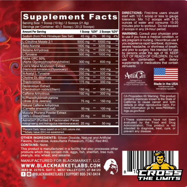 Supplement facts for Panda Supplements Panda vs Gorilla Pre-Workout detailing ingredients such as Citrulline Malate, Beta Alanine, and Caffeine