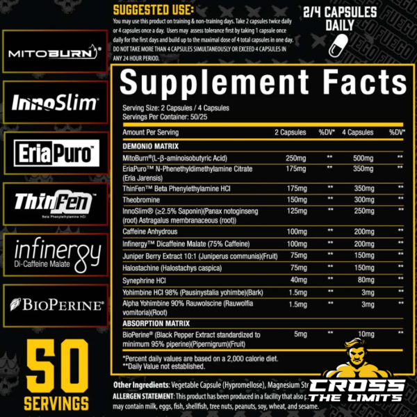 Xtremis Cartel Demonio™ Fat Burner Supplement Facts - detailed breakdown of ingredients and suggested use for powerful fat loss and energy support