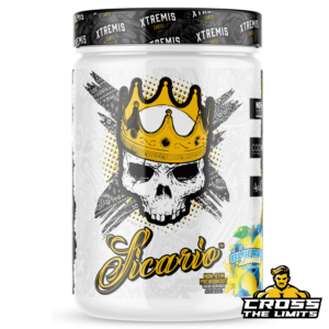 A sleek, powerful design featuring a skull with a crown, symbolizing the intense performance benefits of the stimulant-free pre-workout formula.