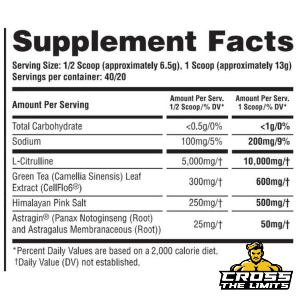 Supplement Facts for Anarchy Labs Senshi Pump Pre-Workout, featuring key ingredients like L-Citrulline, Green Tea Extract, Himalayan Pink Salt, and AstraGin®