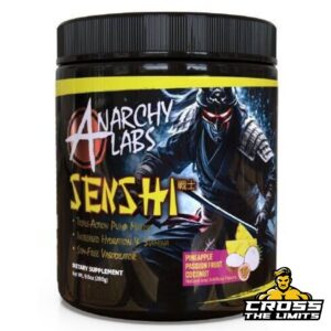 Anarchy Labs Senshi Pump Pre-Workout 280g tub, with vibrant label showcasing Pineapple, Passion Fruit, and Coconut flavors. Designed for enhanced muscle pumps, hydration, and stamina without stimulants