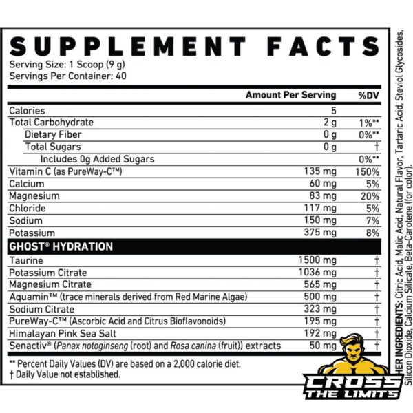 Detailed Supplement Facts for Ghost Hydration, showcasing the full list of ingredients and nutrient profile per serving