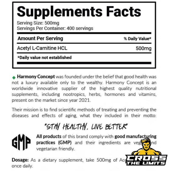 Supplement Facts Label for Harmony Concept ALCAR 200g, showing detailed nutritional information for Acetyl L-Carnitine HCL per serving