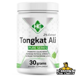 "Harmony Concept Tongkat Ali Pure Series dietary supplement, 30 grams container, highlighting benefits such as increased testosterone levels, physical strength, and calm nerves.