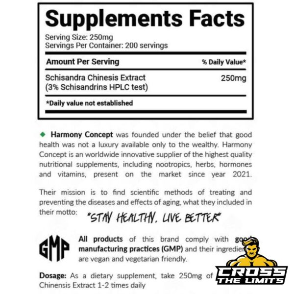 Harmony Concept Schisandra Pure Series Supplement Facts label showing serving size of 250 mg, 200 servings per container, and details on the 3% Schisandrins standardized Schisandra Chinensis extract. Includes dosage suggestion, manufacturing information, and brand mission