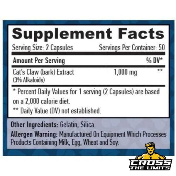 Supplement facts label for Haya Labs Cat's Claw 100 capsules, highlighting serving size of 2 capsules, containing 1000 mg of Cat's Claw bark extract standardized to 3% alkaloids. Additional ingredients include gelatin and silica, with an allergen warning regarding possible traces of milk, egg, wheat, and soy