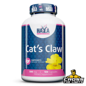 "Front view of Haya Labs Cat's Claw dietary supplement bottle containing 100 capsules, each at 500 mg. The label features the brand logo, product name, and an illustration of a yellow flower, representing Cat's Claw. The bottle is blue with a pink accent, indicating immune system support