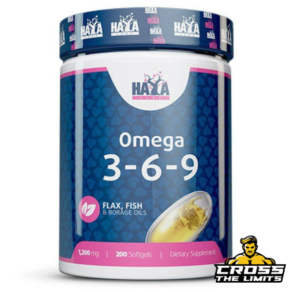 Haya Labs Omega 3-6-9 dietary supplement bottle with 200 softgels, showcasing a high-quality blend of flax, fish, and borage oils to provide essential fatty acids for overall health support