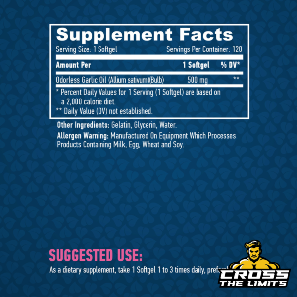 This image shows the supplement facts panel for Haya Labs Odorless Garlic Oil, detailing the serving size of 1 softgel, with each softgel providing 500 mg of odorless garlic oil. Additional ingredients are listed, along with usage recommendations and an allergen warning