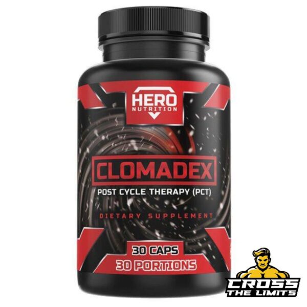 Hero Nutrition Clomadex PCT bottle and supplement facts label, highlighting ingredients like Tongkat Ali, Arimistane, MK-677, and a proprietary anabolic blend for comprehensive post-cycle support.