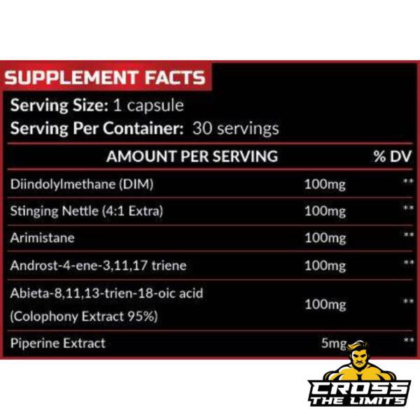 A supplement facts label for Hero Nutrition Nolvaone, showing a serving size of 1 capsule with 30 servings per container. Ingredients listed include Diindolylmethane (DIM) 100mg, Stinging Nettle (4:1 Extra) 100mg, Arimistane 100mg, Androst-4-ene-3,11,17 triene 100mg, Abieta-8,11,13-trien-18-oic acid (Colophony Extract 95%) 100mg, and Piperine Extract 5mg. The product is formulated to act as an aromatase inhibitor