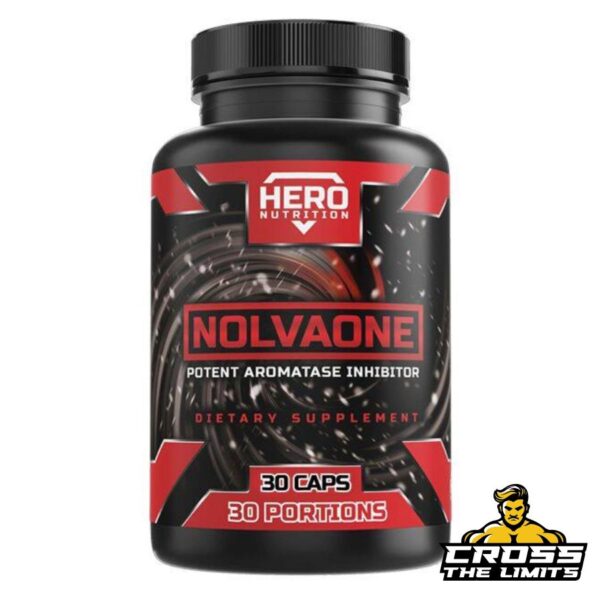 A bottle of Hero Nutrition Nolvaone, labeled as a potent aromatase inhibitor dietary supplement. The black bottle features a red and black design with the Hero Nutrition logo, reading "Nolvaone - Potent Aromatase Inhibitor - 30 Caps - 30 Portions." It is intended to support estrogen control and hormonal balance, particularly for athletes and bodybuilders