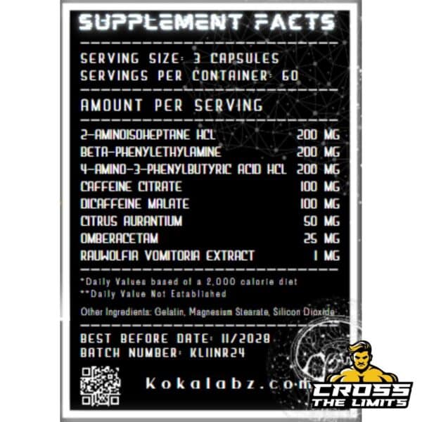 Supplement facts label for Night Rider V2 by Koka Labz showing ingredient breakdown, serving size, and nutritional details