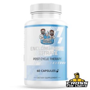 Smart Brothers Enclomiphene Citrate bottle with a blue and white label, labeled as a Post Cycle Therapy supplement with 60 capsule