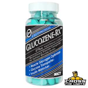 Hi-Tech Pharmaceuticals Glucozene-Rx™ supplement bottle with a black and blue label, containing 90 caplets for glucose optimization, muscle glycogen support, and insulin mimicking effects