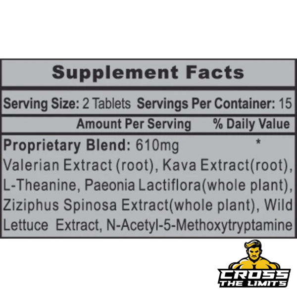 Supplement Facts for Hi-Tech Pharmaceuticals Sleep RX™ showing a proprietary blend of 610mg with ingredients like Valerian Root, Kava Extract, L-Theanine, Paeonia Lactiflora, Ziziphus Spinosa, Wild Lettuce Extract, and N-Acetyl-5-Methoxytryptamine