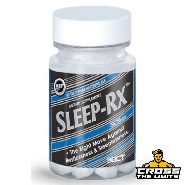 Hi-Tech Pharmaceuticals Sleep RX™ dietary supplement bottle featuring a black and blue design, labeled as 'The Right Move Against Restlessness & Sleeplessness' with 30 tablets