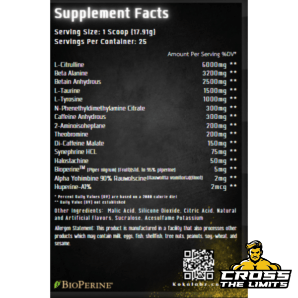 Doomsday Destruction Supplement Facts – full ingredient breakdown including L-Citrulline, Beta-Alanine, DMHA, Caffeine, and Yohimbine for hardcore performance