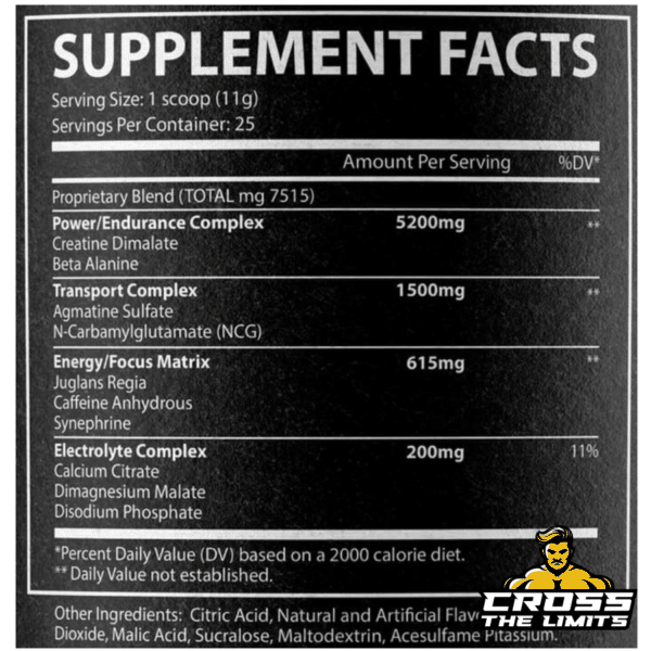 HemoShock Pre-Workout Supplement Facts – High-Stimulant Performance Booster A detailed supplement facts panel listing the key ingredients in HemoShock Pre-Workout, including the Power/Endurance Complex (Creatine Dimalate, Beta-Alanine), Transport Complex (Agmatine Sulfate, NCG), Energy/Focus Matrix (Juglans Regia, Caffeine, Synephrine), and Electrolyte Complex. The label highlights the high-potency formula designed for strength, endurance, muscle pumps, and intense focus.