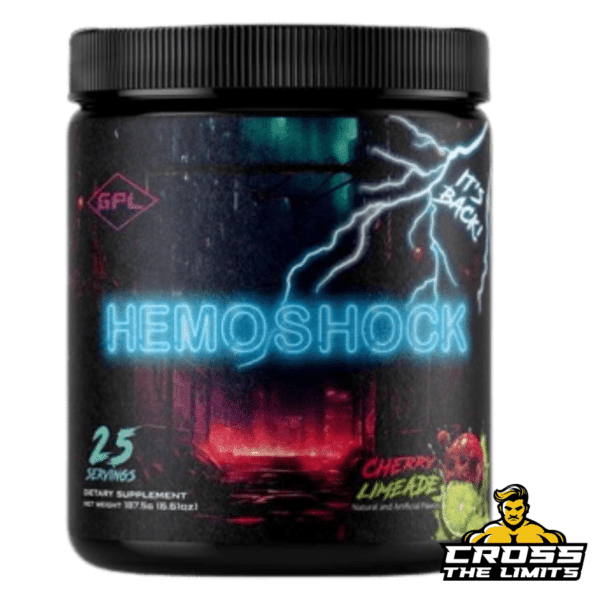 GenTech Pharma Labs HemoShock Pre-Workout – Hardcore Energy & Pump Formula A premium high-stimulant pre-workout supplement for explosive energy, endurance, and mental focus. The black and neon-themed container features HemoShock branding with lightning graphics, emphasizing its extreme intensity and power. The Cherry Limeade flavor is noted, offering a delicious and refreshing taste.