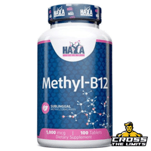 Haya Labs Methyl-B12 Bottle – Premium B12 Energy & Cognitive Support Supplement A high-quality Vitamin B12 supplement in a blue and pink bottle with the Haya Labs branding. The Methyl-B12 formula ensures superior absorption, supporting energy, brain function, and red blood cell production. Each bottle contains 100 sublingual tablets, providing a long-lasting supply for optimal health.