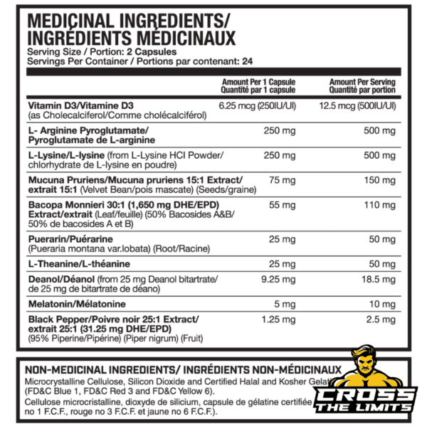 Magnum G-Spring Supplement Facts – detailed ingredient list including L-Arginine, L-Lysine, Mucuna Pruriens, Bacopa Monnieri, Melatonin, and Black Pepper Extract for optimal sleep and recovery.