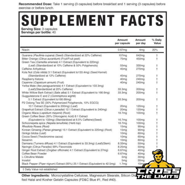 Magnum Heat Accelerated Supplement Facts – detailed ingredient list including caffeine sources, green tea, yerba mate, cayenne pepper, ginseng, and metabolism boosters.