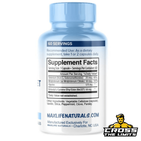 MaxLife Neuro-Nacet Supplement Facts – A close-up of the supplement facts label, displaying ingredients such as NAC ethyl ester, glycine, selenium, and molybdenum with recommended daily intake